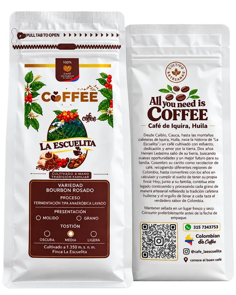 Empaque de café La Escuelita, variedad Bourbon Rosado, de Iquira, Huila